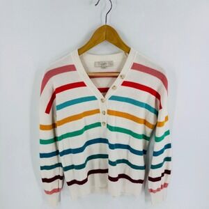 LOFT Rainbow Striped V-Neck Button Front Sweater Coastal Dopamine Preppy Size MP